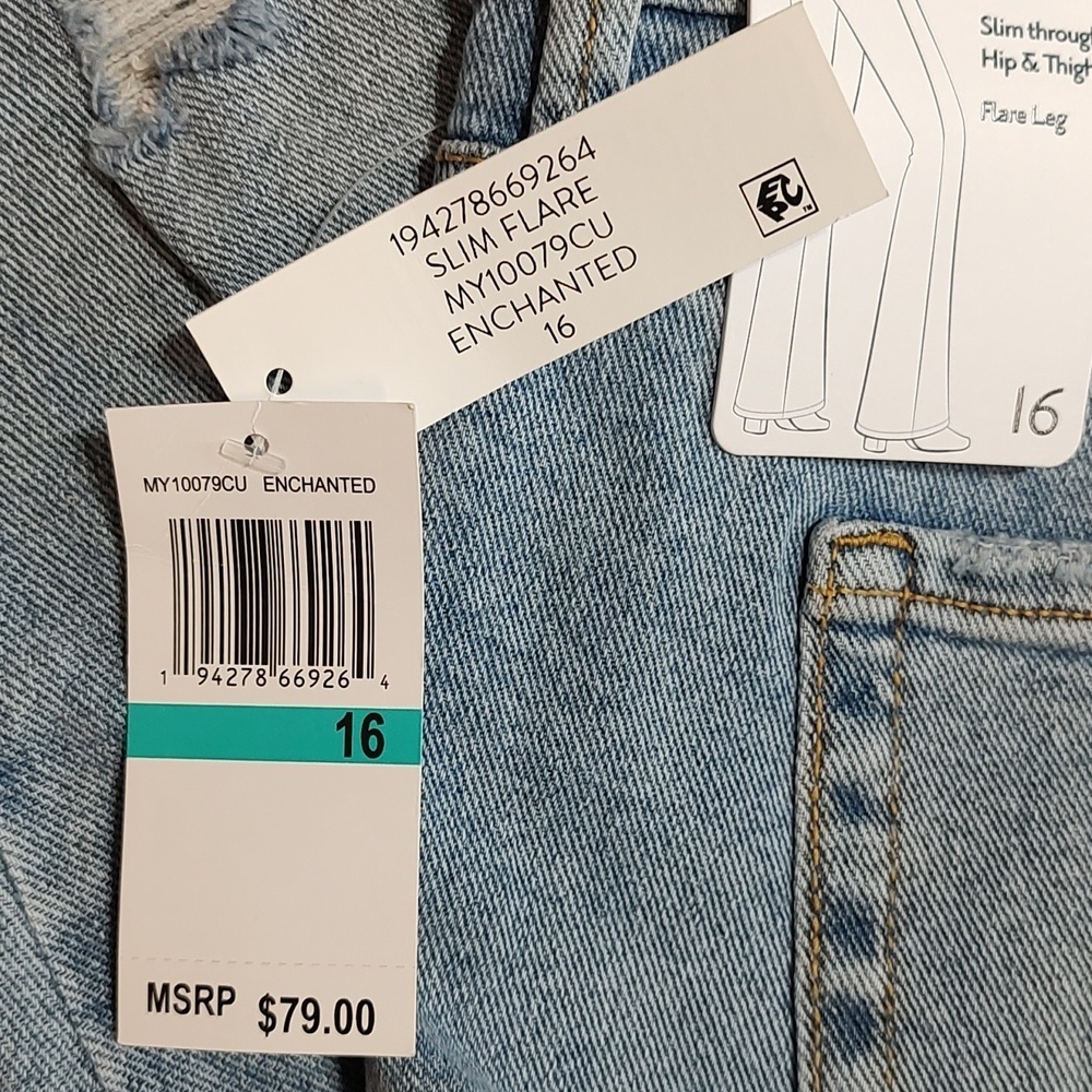 Seven Felicity High Rise Slim Flare Distressed & Raw Hem Blue Jeans Size 16 - Picture 8 of 8